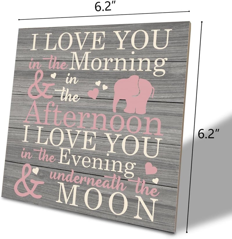 SUSZDOU Love Sign, Wood Plaque Table Art Sign 6.2 * 6.2inch, Elephant Wood Sign for Nursery, Decoration for Baby Girls Room, Daughter's Room Decor, I Love You in the Morning Afternoon Evening & Moon - Image 2